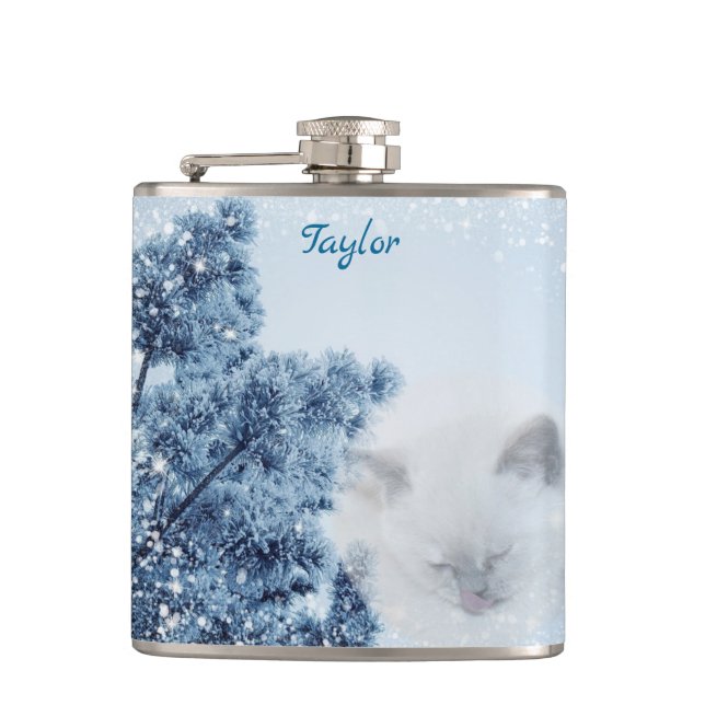 Cat Holiday White Christmas Hip Flask (Front)