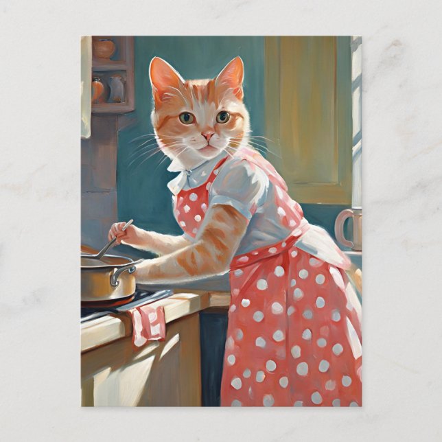 Cat housewife cooking dinner postcard (Front)
