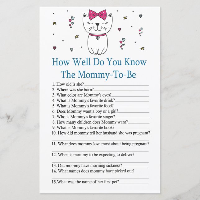 Cat How well do you know baby shower game (Front)