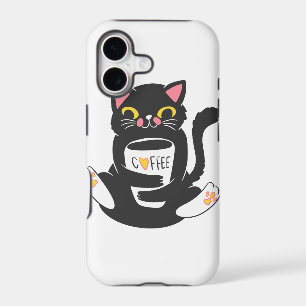 Cat hugging a coffee mug - Choose background colo iPhone 17 Case