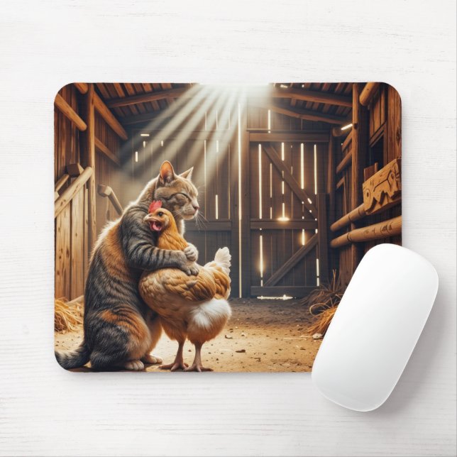 Cat Hugging a Farm Chicken Mouse Pad (With Mouse)