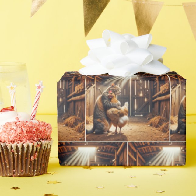 Cat Hugging a Farm Chicken Wrapping Paper (Birthday Party)