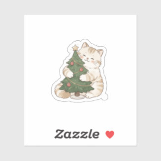 Cat Hugging Tiny Christmas Tree Sticker