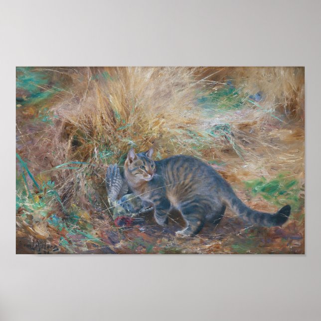 Cat Hunting a Turtledove, Bruno Liljefors Poster (Front)