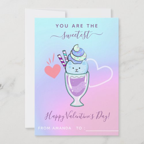 Cat Ice_Cream Kids Classroom Valentines Day Cute Holiday Card