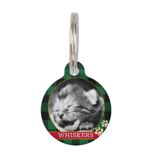 Cat Id, Pawprint Green Buffalo Plaid, Kitten Photo Pet ID Tag