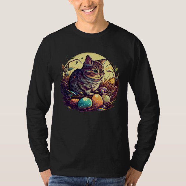 Cat Illustration Easter Graphic with Eggs for Cat T-Shirt (Front)
