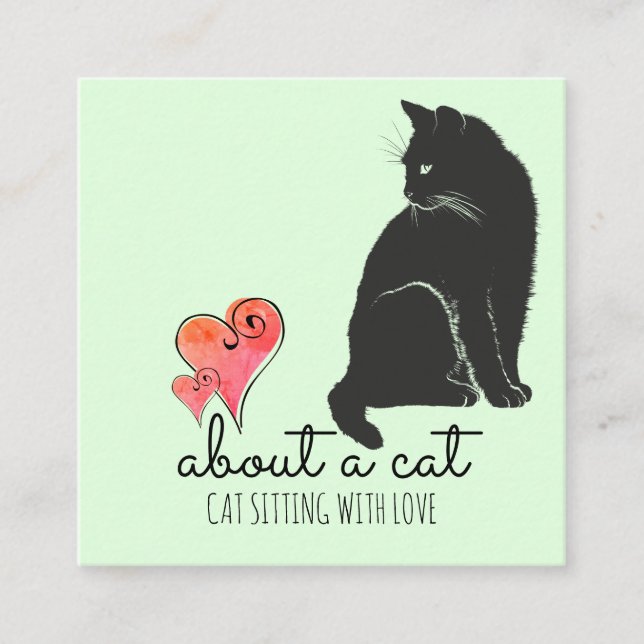 Cat Illustration & Hearts Cat Sitter Square Business Card (Front)