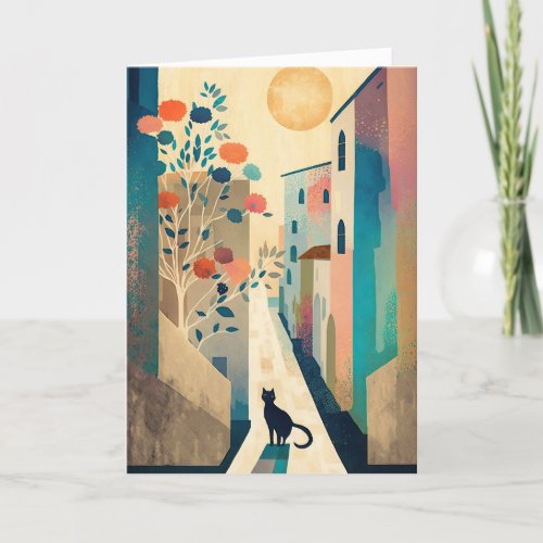 Cat Illustration in a Sunlit Village Thank You Card