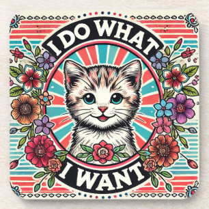 Cat Illustration with Flowers and Positive Slogan Beverage Coaster