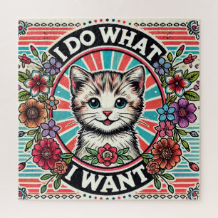 Cat Illustration with Flowers and Positive Slogan Jigsaw Puzzle