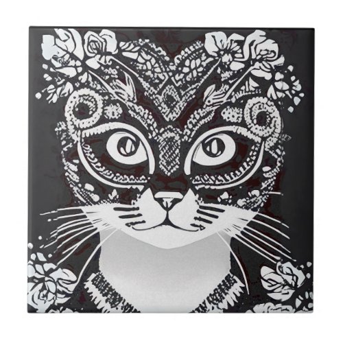 Cat in a Black and White Mardi Gras Mask Ceramic Tile