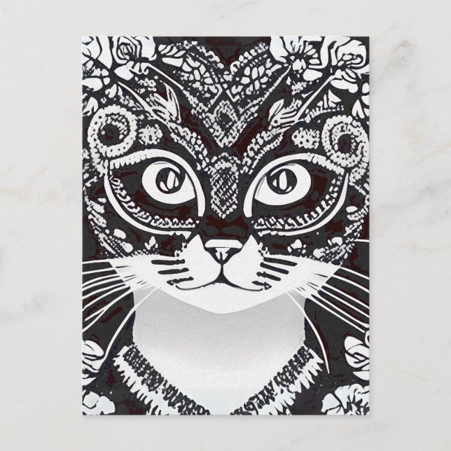 Cat in a Black and White Mardi Gras Mask Postcard (Front)