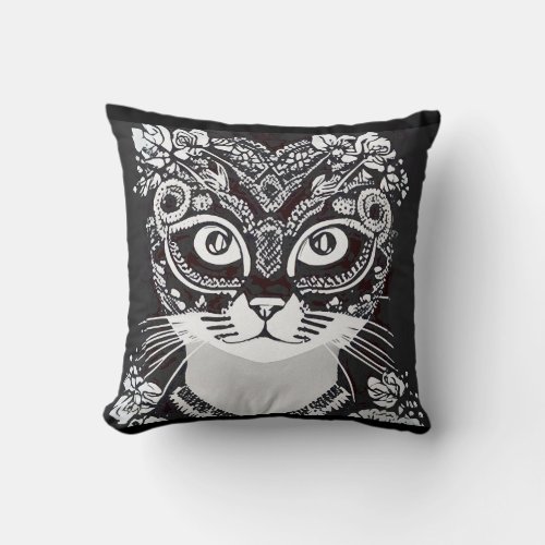 Cat in a Black and White Mardi Gras Mask Throw Pillow
