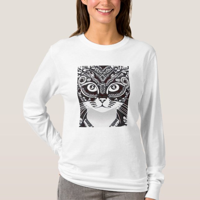 Cat in a Black & White Mardi Gras Mask long sleeve T-Shirt (Front)