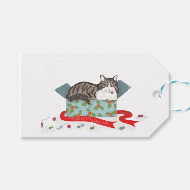 Cat in a box Christmas gift tags (Front (Horizontal))