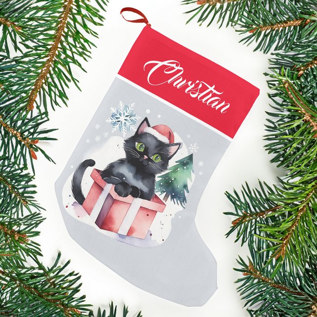 Cat in a box Christmas gifts cat people Small Christmas Stocking (Cat in a gift box Christmas stocking personalized name Christmas gifts for cat lovers)