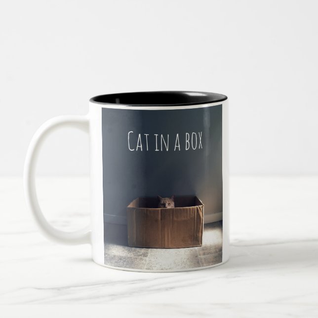 Cat in a box. The Zen cat master. Two-Tone Coffee Mug (Left)