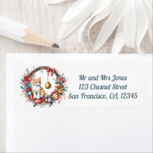 Cat in a Christmas Floral Wreath 2- Return address Label