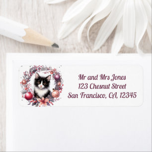 Cat in a Christmas Floral Wreath 3- Return address Label