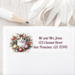 Cat in a Christmas Floral Wreath 5- Return address Label