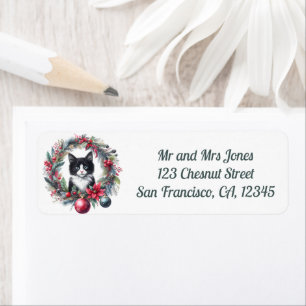 Cat in a Christmas Floral Wreath 6- Return address Label