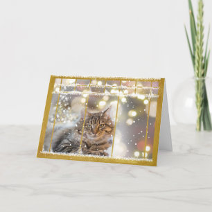 Cat in a Christmas Window Gold and White Card