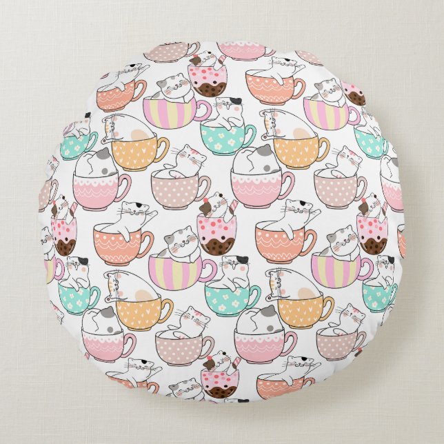 Cat in a cup pattern design 01 w round pillow (Front)
