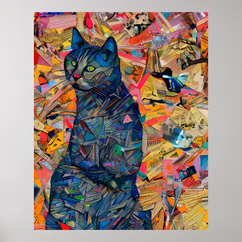 Cat In A Faux Collage Decoupage Art Style Poster