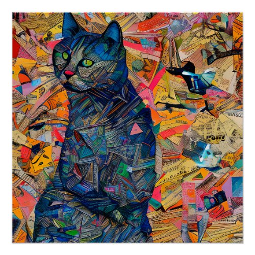 Cat In A Faux Collage Decoupage Glossy Poster