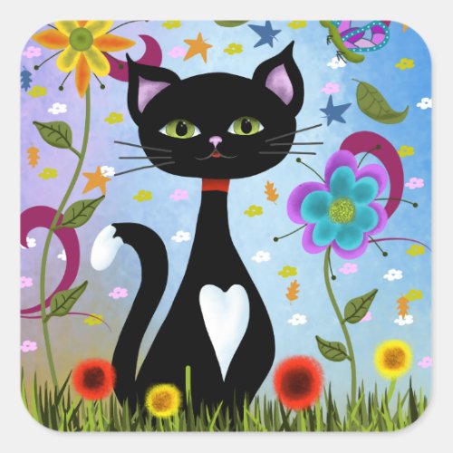 Cat In A Garden Abstract Art Square Sticker