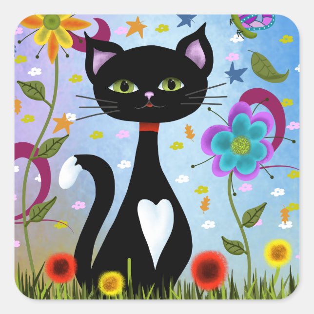 Cat In A Garden Abstract Art Square Sticker (Front)