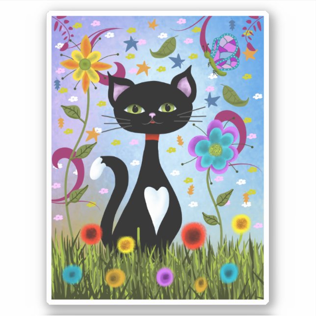 Cat In A Garden Abstract Art Sticker (Front)