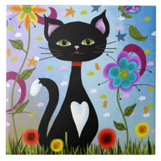 Cat In A Garden Abstract Art Tile
