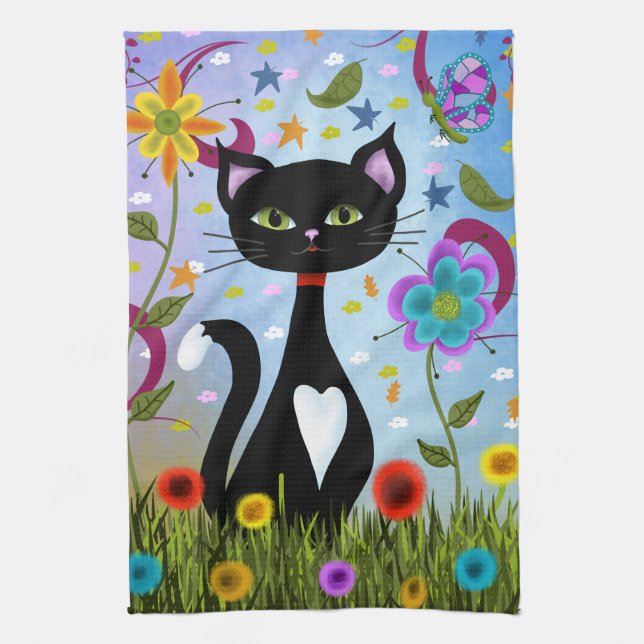 Cat In A Garden Abstract Art Towel (Vertical)