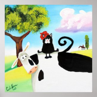 cat in a hat on a cow poster