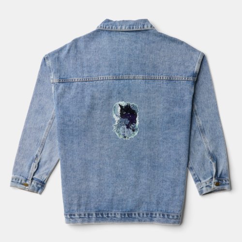 Cat In A Night With The Moon Blue Romantic  Denim Jacket