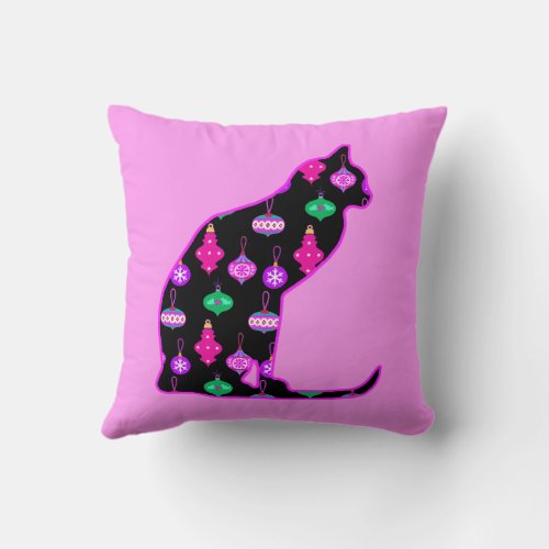 Cat in a Pattern of Christmas Ornaments Throw Pillow
