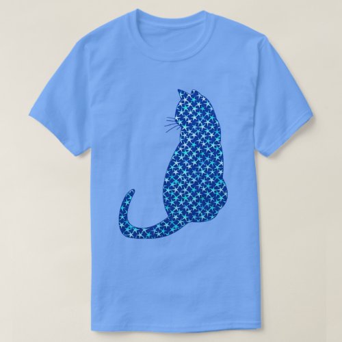 Cat in a Pattern of Stars on Deep Blue T_Shirt
