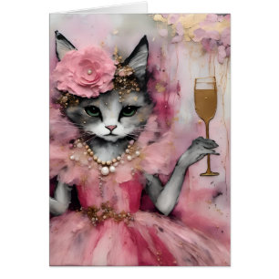 Cat in a Pink Dress with a Golden Drink Cards