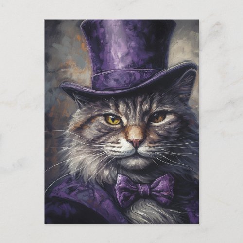 Cat in a Purple Tophat Vintage Postcard