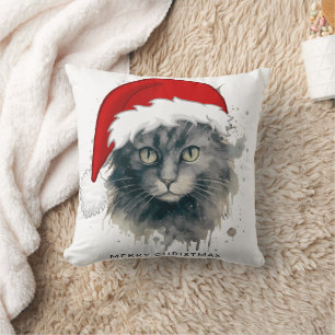 Cat In A Santa Hat Merry Christmas Throw Pillow