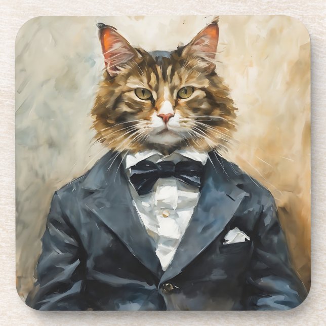 Cat in a Suit Beverage Coaster (Front)