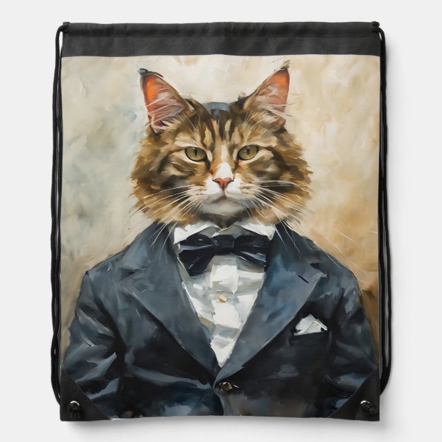 Cat in a Suit Drawstring Bag (Front)