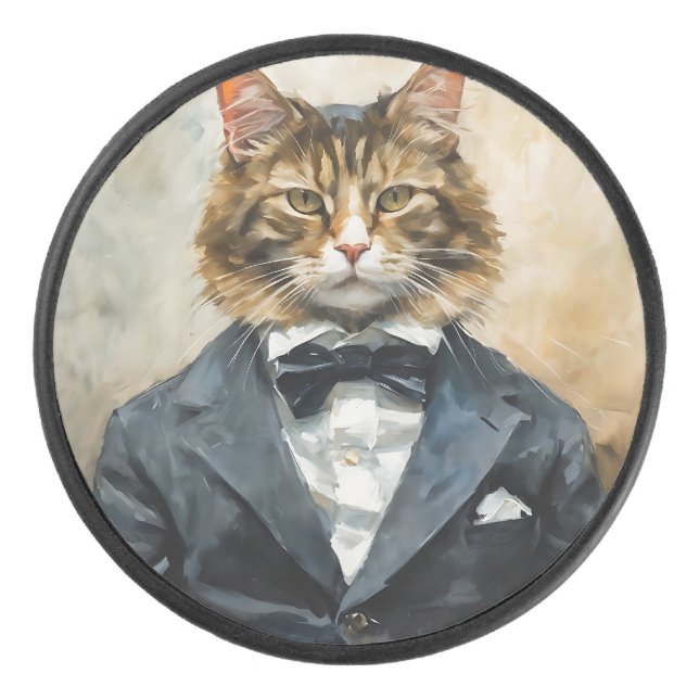 Cat in a Suit Hockey Puck (Front)