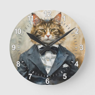 Cat in a Suit Round Clock