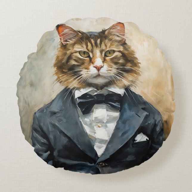 Cat in a Suit Round Pillow (Front)