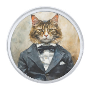 Cat in a Suit Silver Finish Lapel Pin