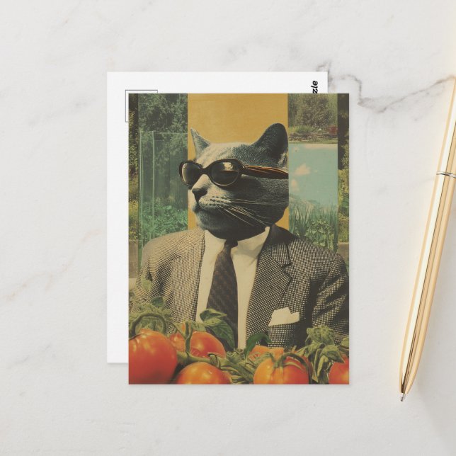 Cat in a Suit With Sunglasses in a Tomato Garden Postcard (Front/Back In Situ)