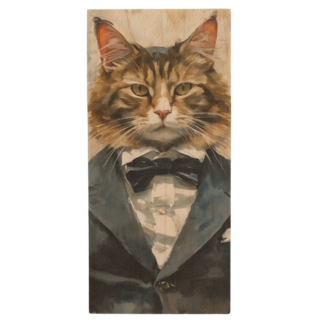 Cat in a Suit Wood Flash Drive (Front Vertical)
